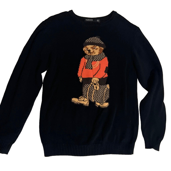 Hudson Outerwear Bear Graphic Black Cotton Knit Crewneck Sweater Size M - Picture 1 of 9
